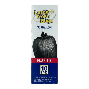 Basic Large Trash Bags, 30 Gallon, 10 Bags (Flap Tie)