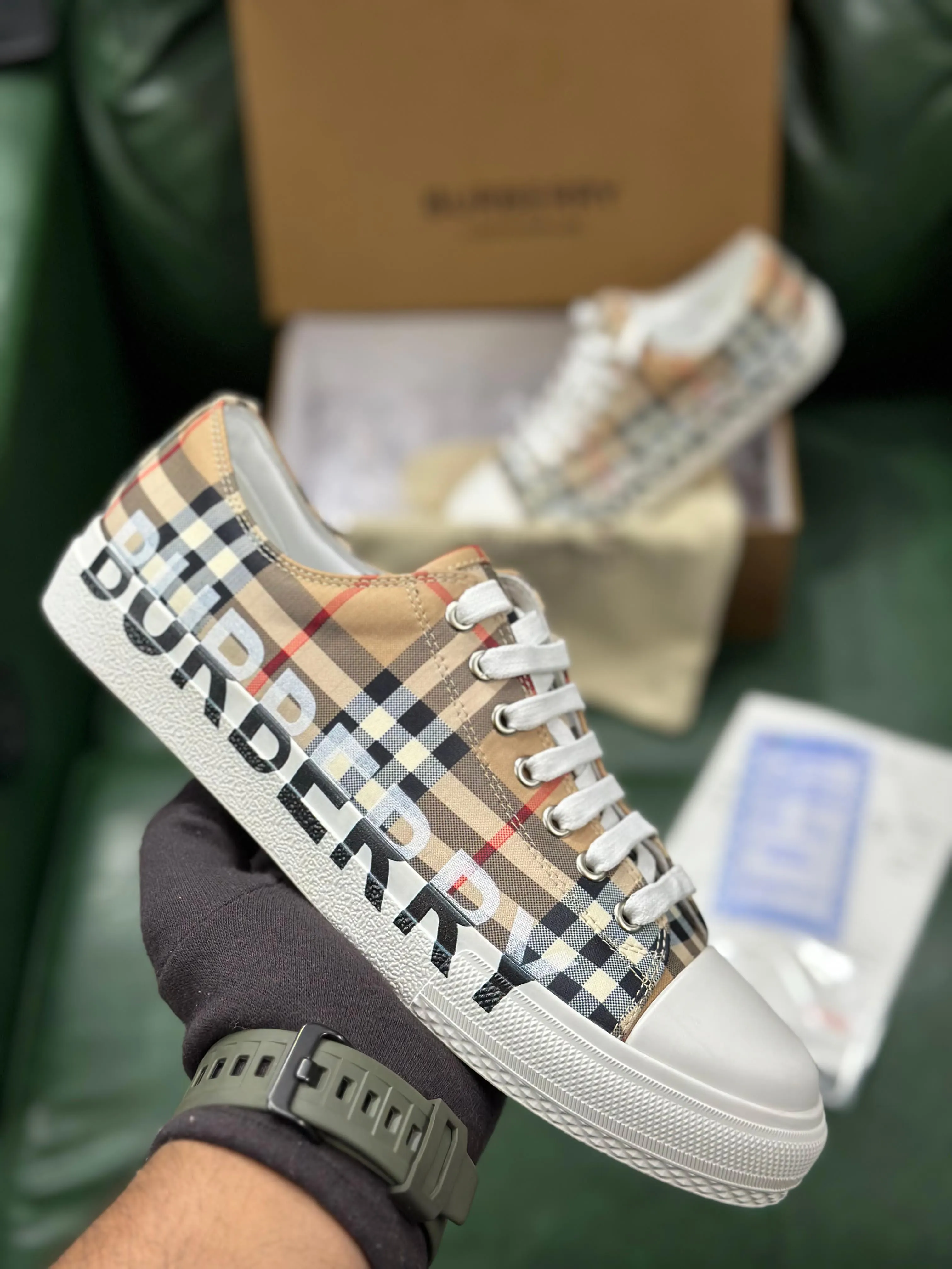 Beige Check Low Top Sneakers Shoes For Men
