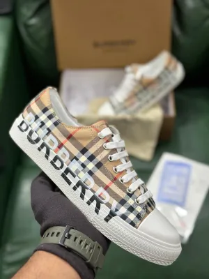Beige Check Low Top Sneakers Shoes For Men