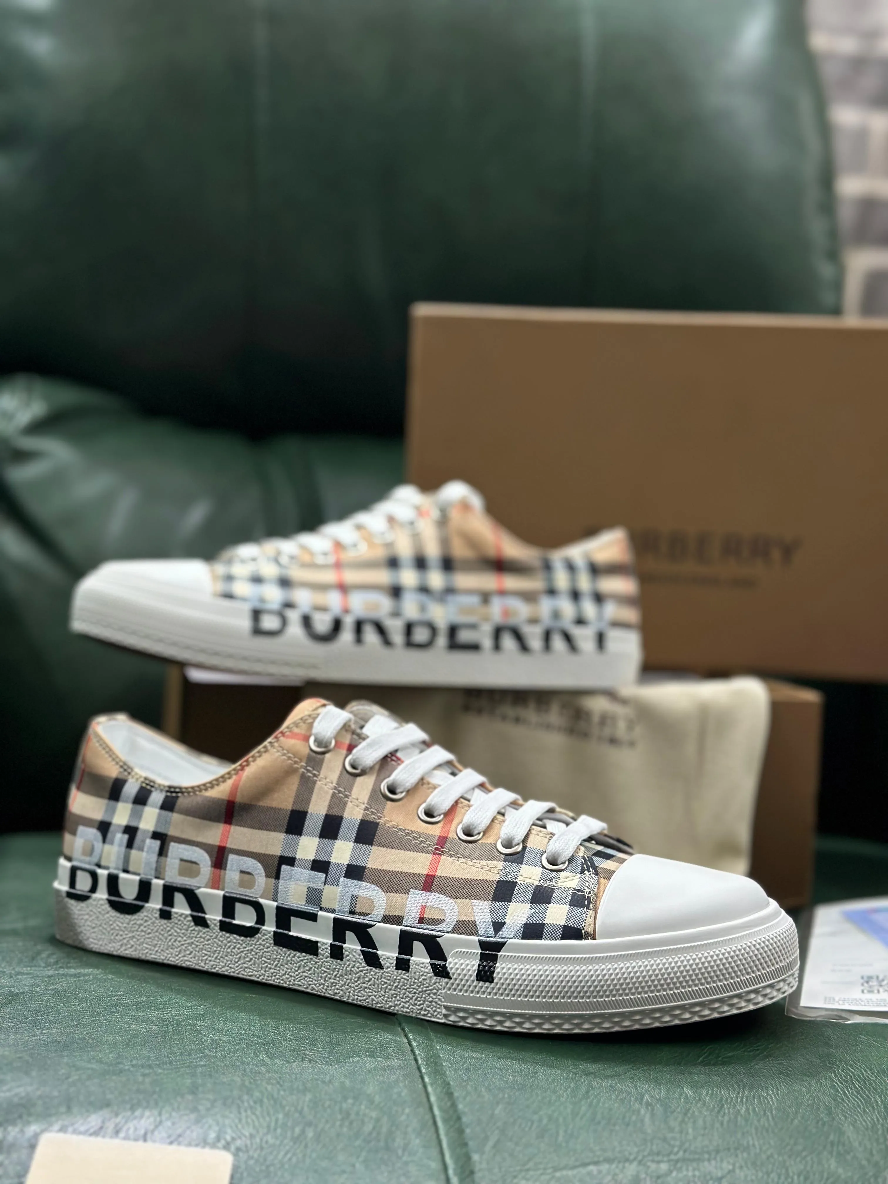 Beige Check Low Top Sneakers Shoes For Men