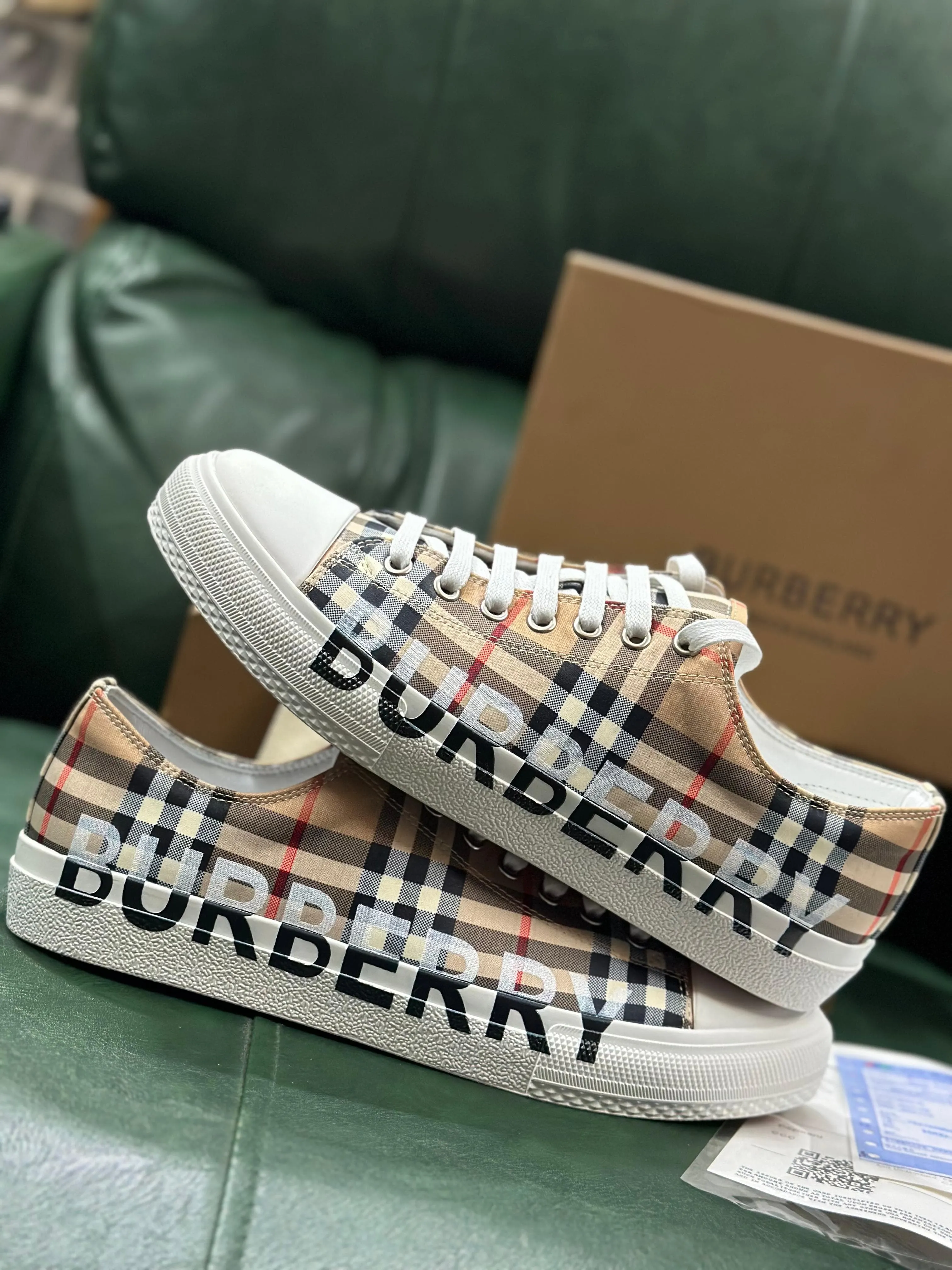 Beige Check Low Top Sneakers Shoes For Men