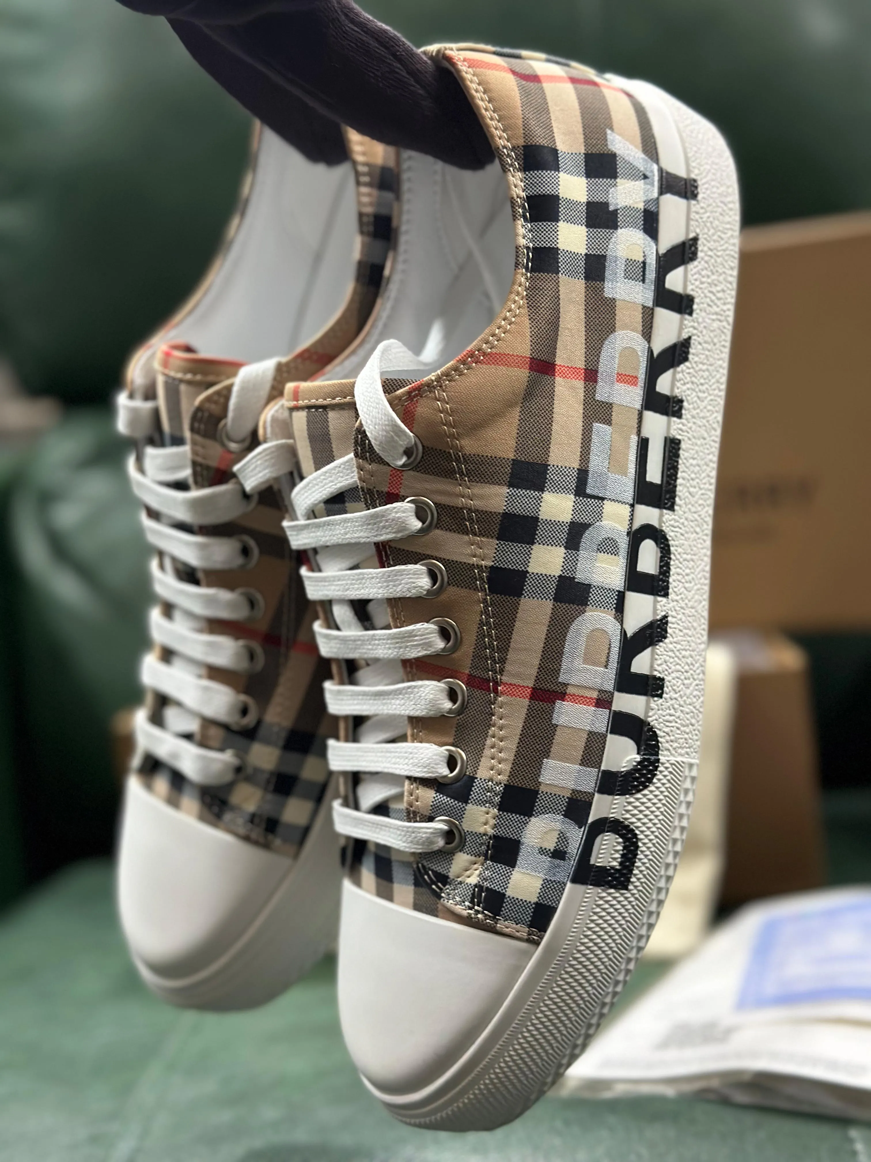 Beige Check Low Top Sneakers Shoes For Men