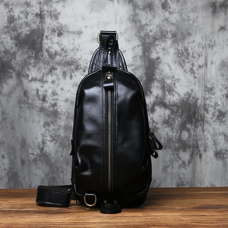 Black Crossbody Chest Bag Leather Sling Pack Cool Sling Bags for Men Cool Mens Sling Bags