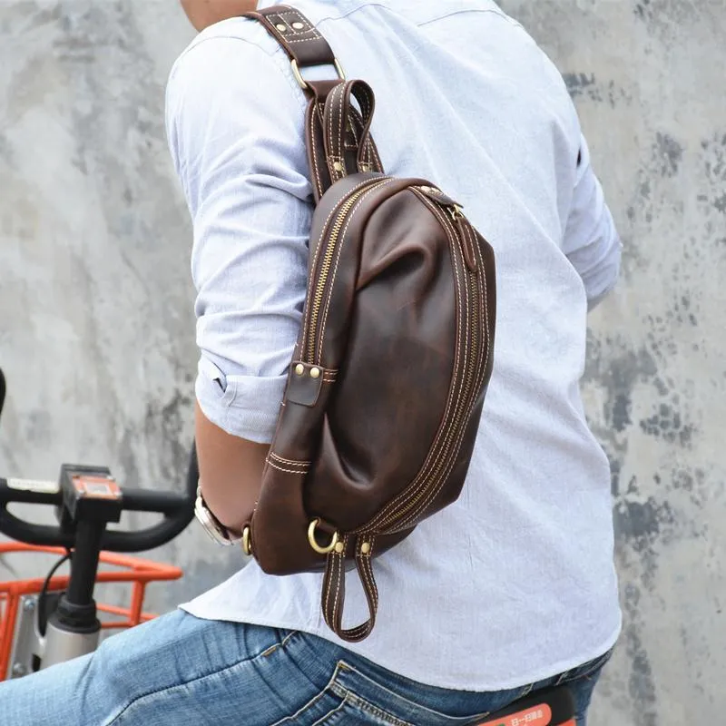 Black Crossbody Chest Bag Leather Sling Pack Cool Sling Bags for Men Cool Mens Sling Bags