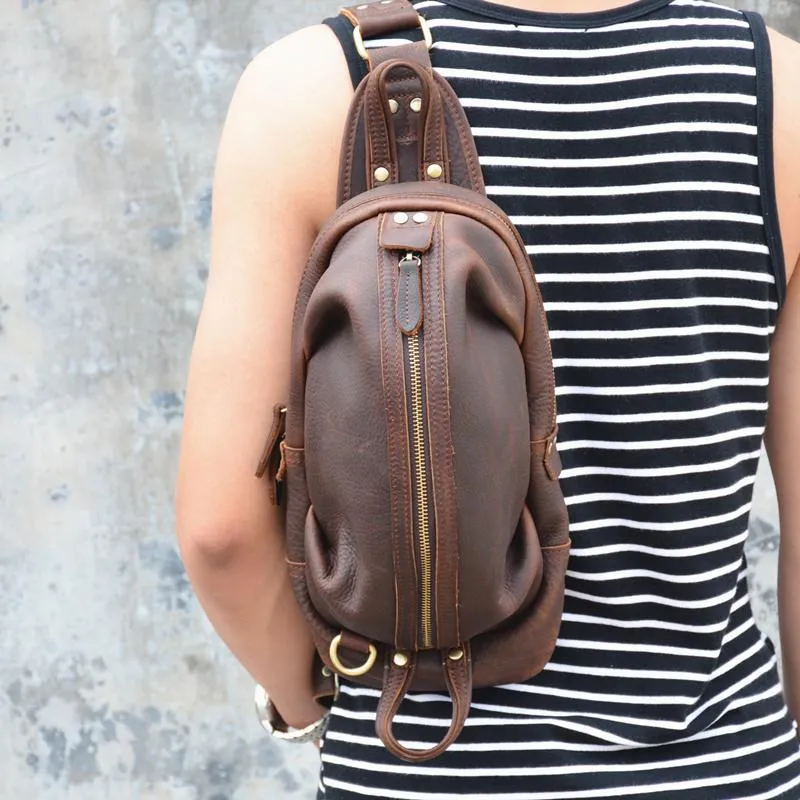 Black Crossbody Chest Bag Leather Sling Pack Cool Sling Bags for Men Cool Mens Sling Bags