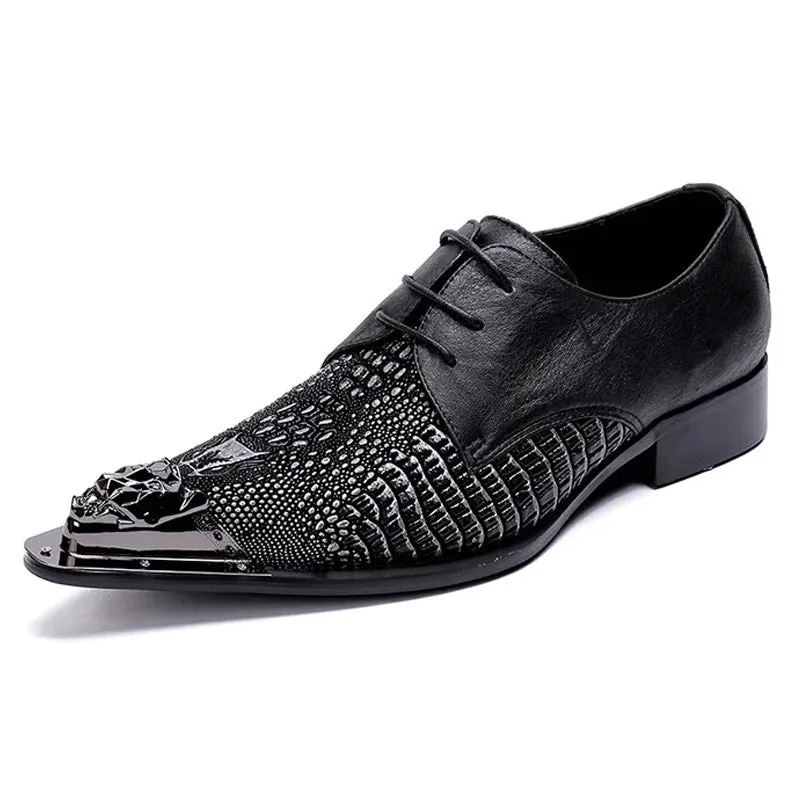 Black pointed crocodile patterned lace up dress shoes