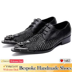 Black pointed crocodile patterned lace up dress shoes