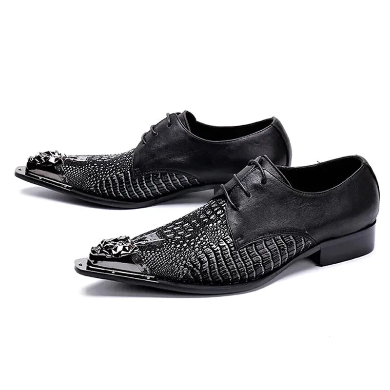 Black pointed crocodile patterned lace up dress shoes