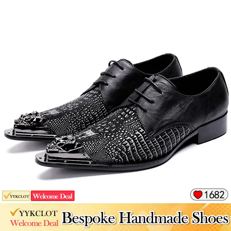 Black pointed crocodile patterned lace up dress shoes