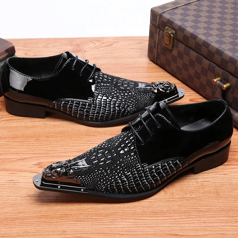 Black pointed crocodile patterned lace up dress shoes