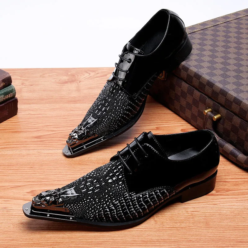 Black pointed crocodile patterned lace up dress shoes