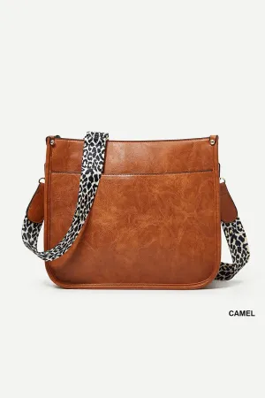 Camel Leopard Strap Crossbody Bag
