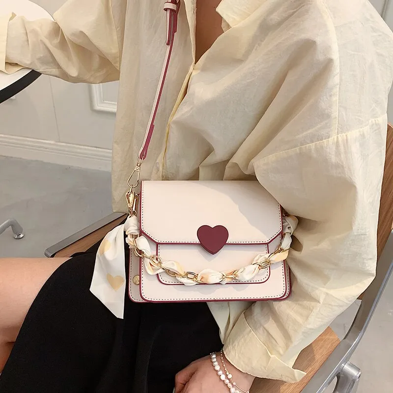 Christmas Gift Cute Ribbon Chain PU Leather Crossbody Bags for Women 2021 Trends Travel Shoulder Purses and Handbag Fashion Simple