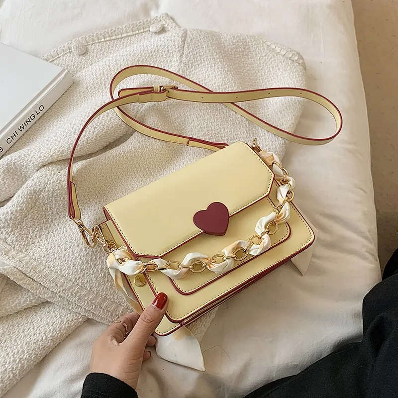 Christmas Gift Cute Ribbon Chain PU Leather Crossbody Bags for Women 2021 Trends Travel Shoulder Purses and Handbag Fashion Simple