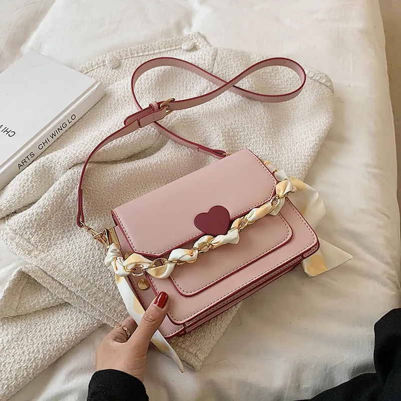 Christmas Gift Cute Ribbon Chain PU Leather Crossbody Bags for Women 2021 Trends Travel Shoulder Purses and Handbag Fashion Simple