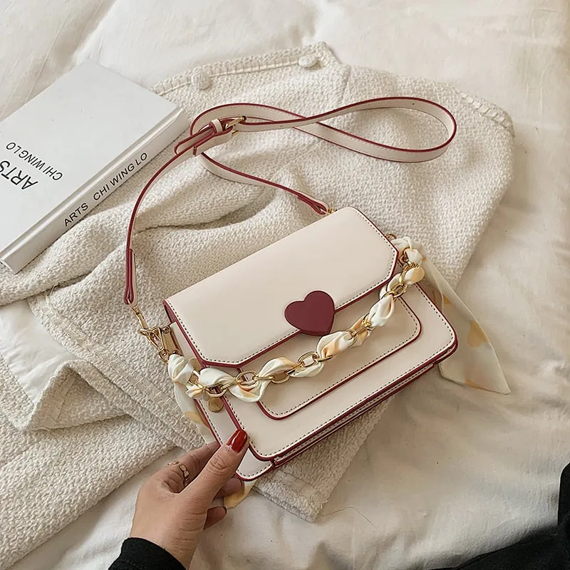 Christmas Gift Cute Ribbon Chain PU Leather Crossbody Bags for Women 2021 Trends Travel Shoulder Purses and Handbag Fashion Simple