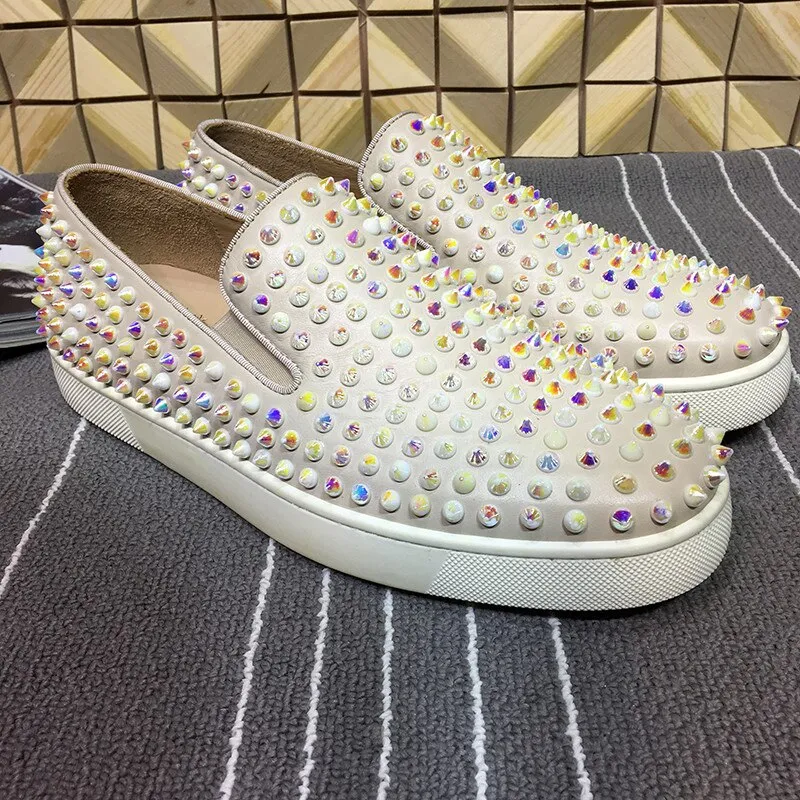 Colorful Low Top Rivets Studded Women Loafers Runway Slip On Round Gladiator Shoes Pink Genuine Leather Casual Shoes Flats