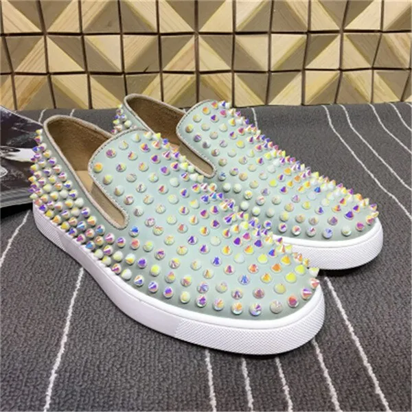 Colorful Low Top Rivets Studded Women Loafers Runway Slip On Round Gladiator Shoes Pink Genuine Leather Casual Shoes Flats