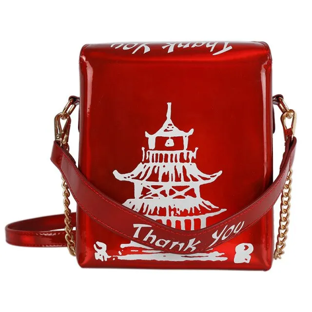 Funny Chinese Tower Print Box Women Shoulder Bags Designer Handbags Chains Crossbody Messenger Bag  Lady Cute Laser Small Purses