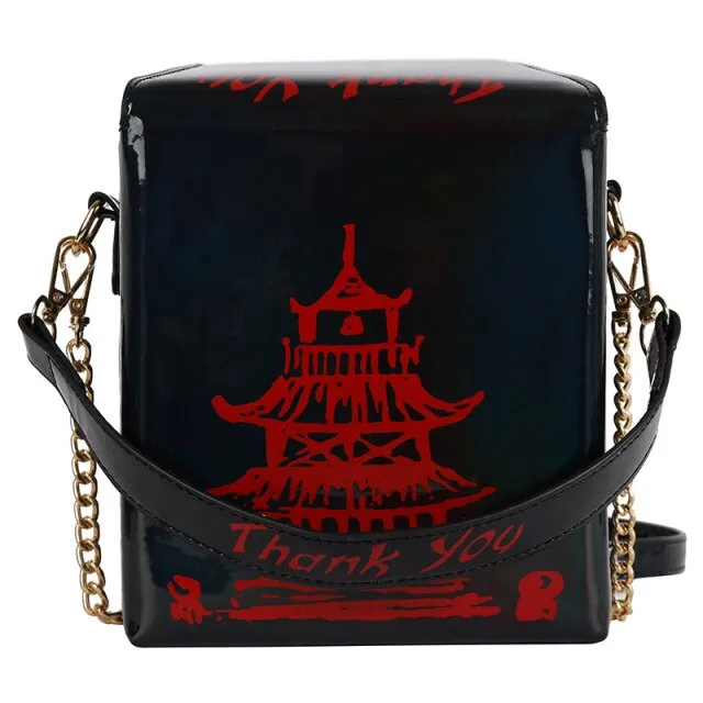 Funny Chinese Tower Print Box Women Shoulder Bags Designer Handbags Chains Crossbody Messenger Bag  Lady Cute Laser Small Purses
