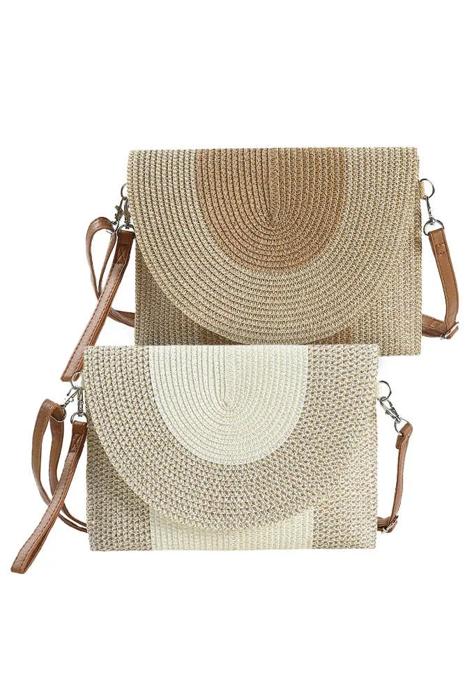 Hana - Two Tone Straw Clutch Crossbody Bag: Beigee