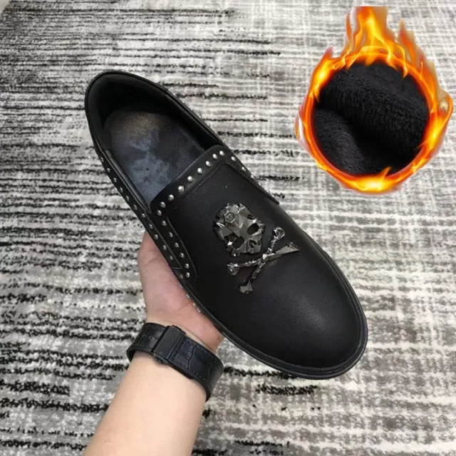 Handmade Black Rhinestone Skull Men's Leather Loafers Wedding Party Men Shoes Luxury White Noble Elegant Dress Shoes for Men