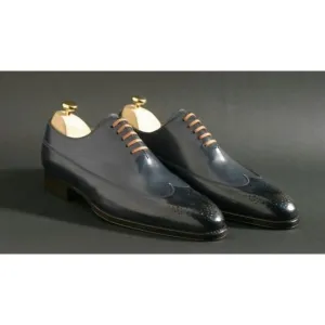 Handmade Men Navy Blue Leather Lace Formal Shoes