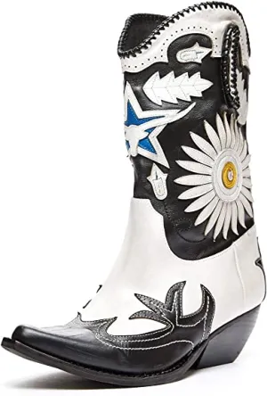 Jeffrey Campbell Texarkana Black Blue Combo Pull On Pointed Toe Mid-Calf Boots