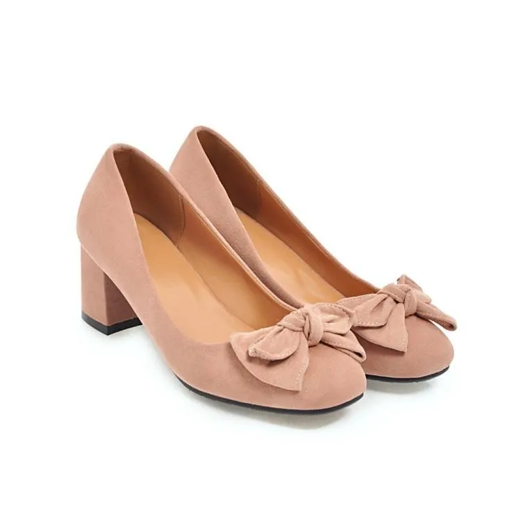 Ladies Sweet Butterfly Knot Suede Thick Heel Middle Heels Woman Pumps
