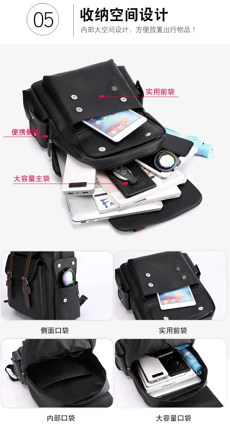 Leather Shoulder Backpack Waterproof Men Retro Large Capacity Casual Business Laptop Bags for Students Schoolbag Travel Fashion