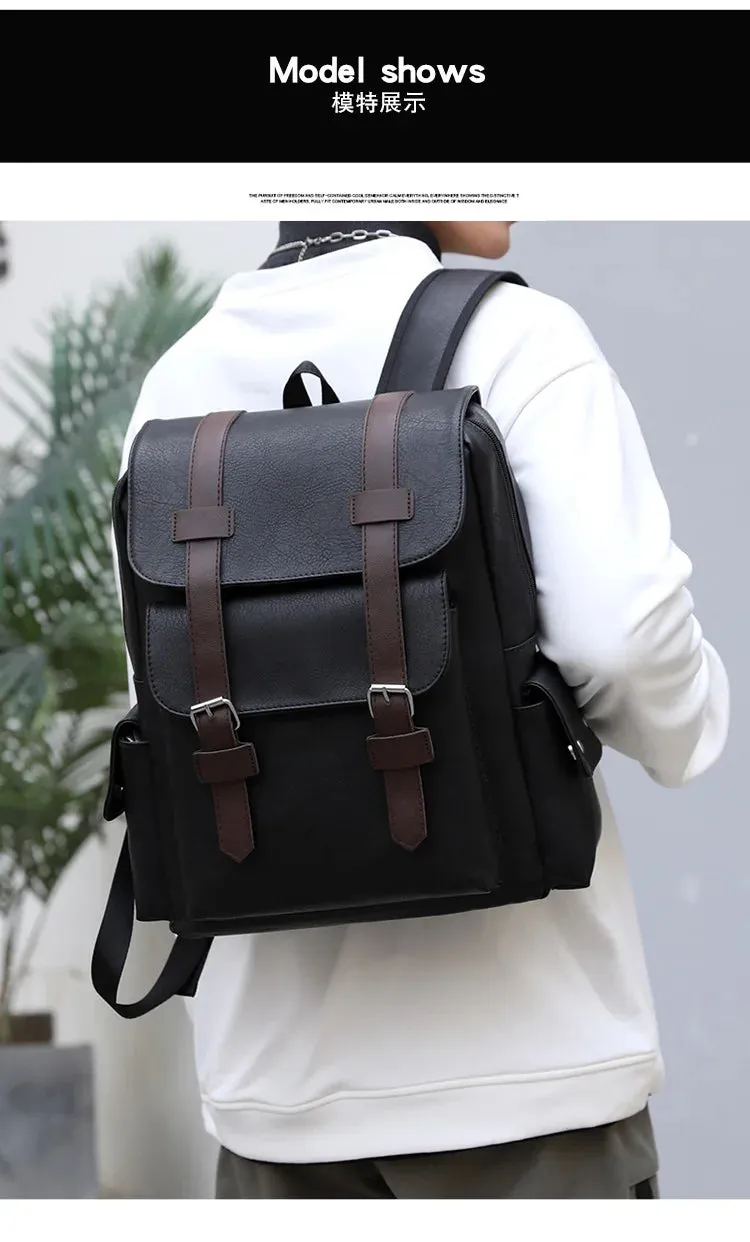 Leather Shoulder Backpack Waterproof Men Retro Large Capacity Casual Business Laptop Bags for Students Schoolbag Travel Fashion
