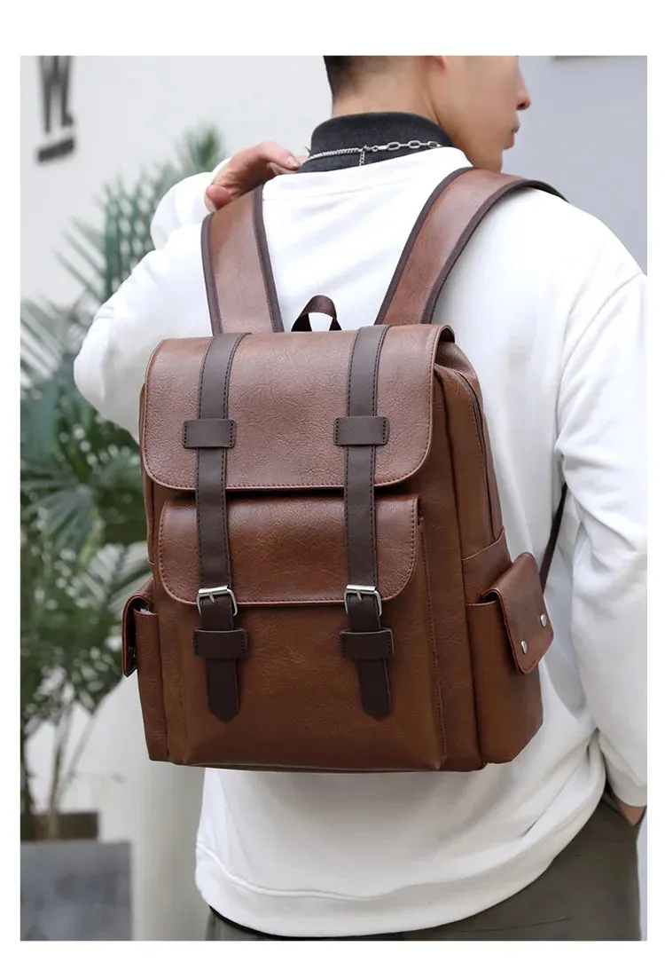 Leather Shoulder Backpack Waterproof Men Retro Large Capacity Casual Business Laptop Bags for Students Schoolbag Travel Fashion