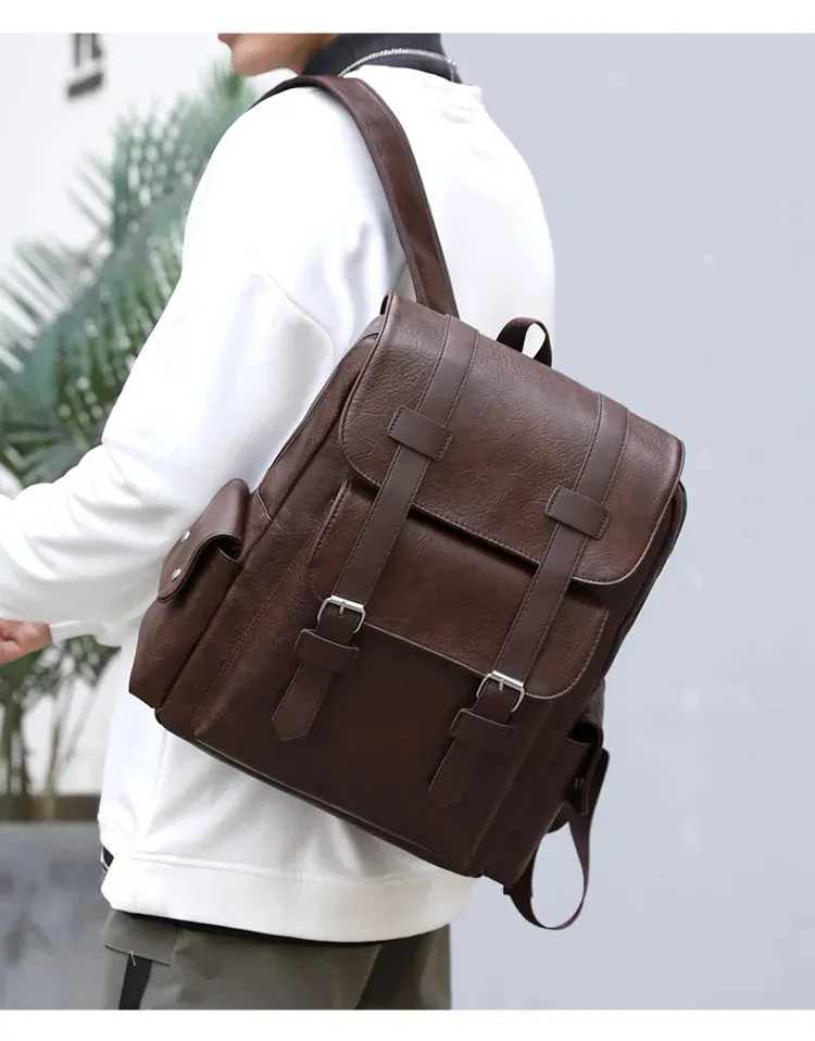 Leather Shoulder Backpack Waterproof Men Retro Large Capacity Casual Business Laptop Bags for Students Schoolbag Travel Fashion