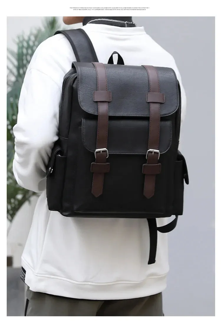 Leather Shoulder Backpack Waterproof Men Retro Large Capacity Casual Business Laptop Bags for Students Schoolbag Travel Fashion