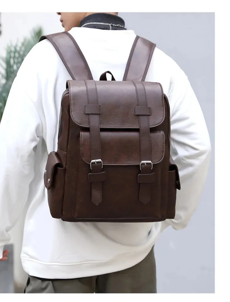 Leather Shoulder Backpack Waterproof Men Retro Large Capacity Casual Business Laptop Bags for Students Schoolbag Travel Fashion