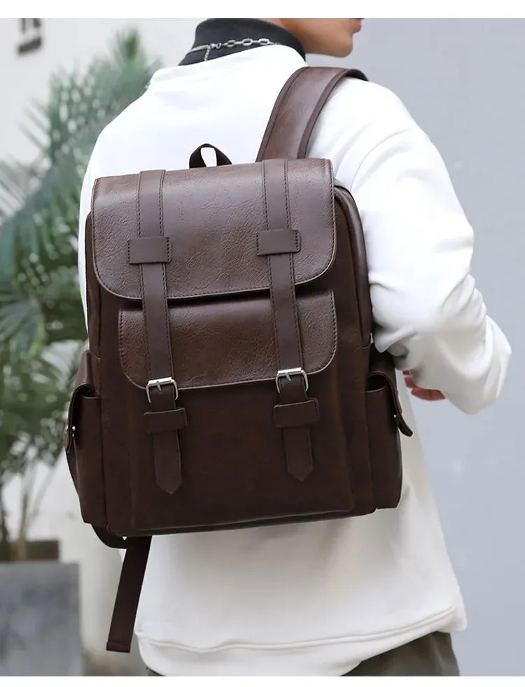 Leather Shoulder Backpack Waterproof Men Retro Large Capacity Casual Business Laptop Bags for Students Schoolbag Travel Fashion