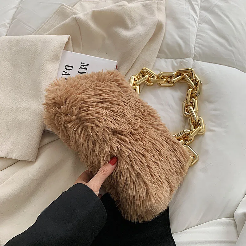 LEFTSIDE Faux Fur Square Armpit Bag 2021 Winter New High-quality Soft Plush Women's Designer Handbag Small Shoulder bag Purses
