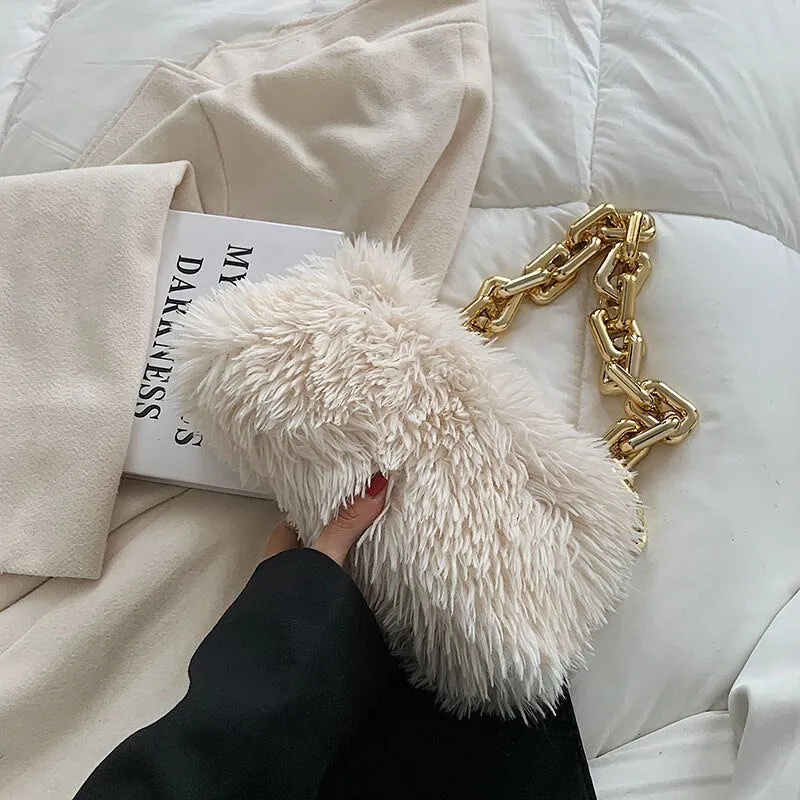 LEFTSIDE Faux Fur Square Armpit Bag 2021 Winter New High-quality Soft Plush Women's Designer Handbag Small Shoulder bag Purses
