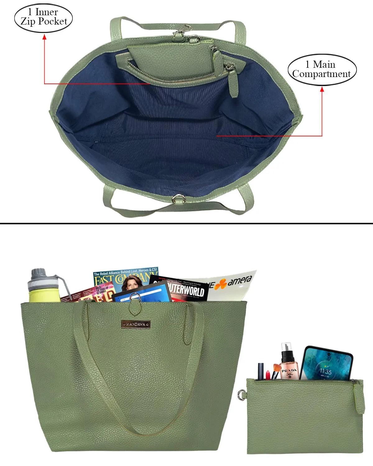 MANDAVA Women's/Ladies Top Handle PU Leather Tote Bag, Handbag with Detachable Cosmetic Pouch (Terrain Green)