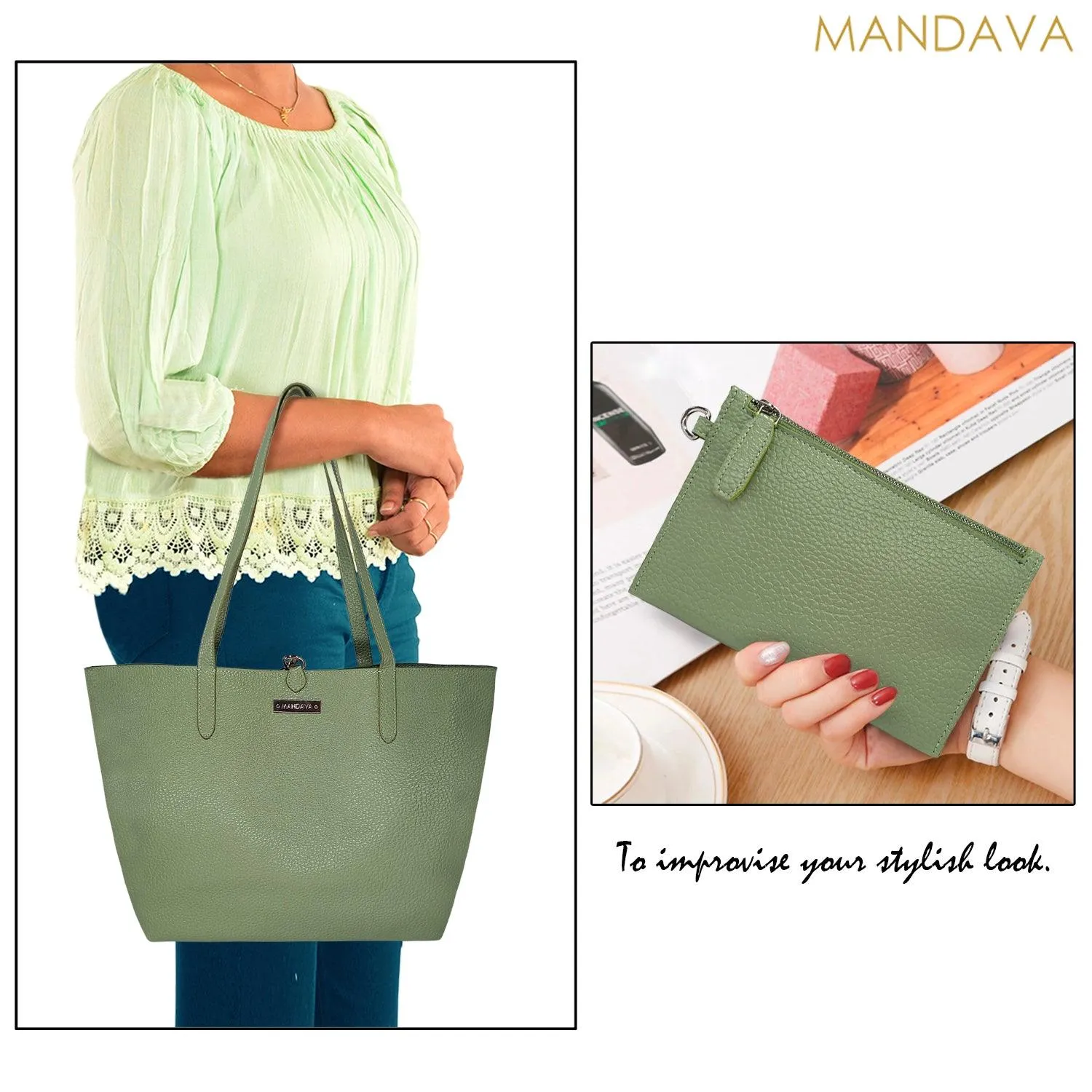 MANDAVA Women's/Ladies Top Handle PU Leather Tote Bag, Handbag with Detachable Cosmetic Pouch (Terrain Green)