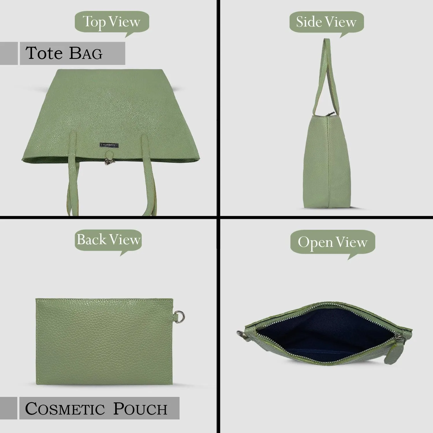 MANDAVA Women's/Ladies Top Handle PU Leather Tote Bag, Handbag with Detachable Cosmetic Pouch (Terrain Green)