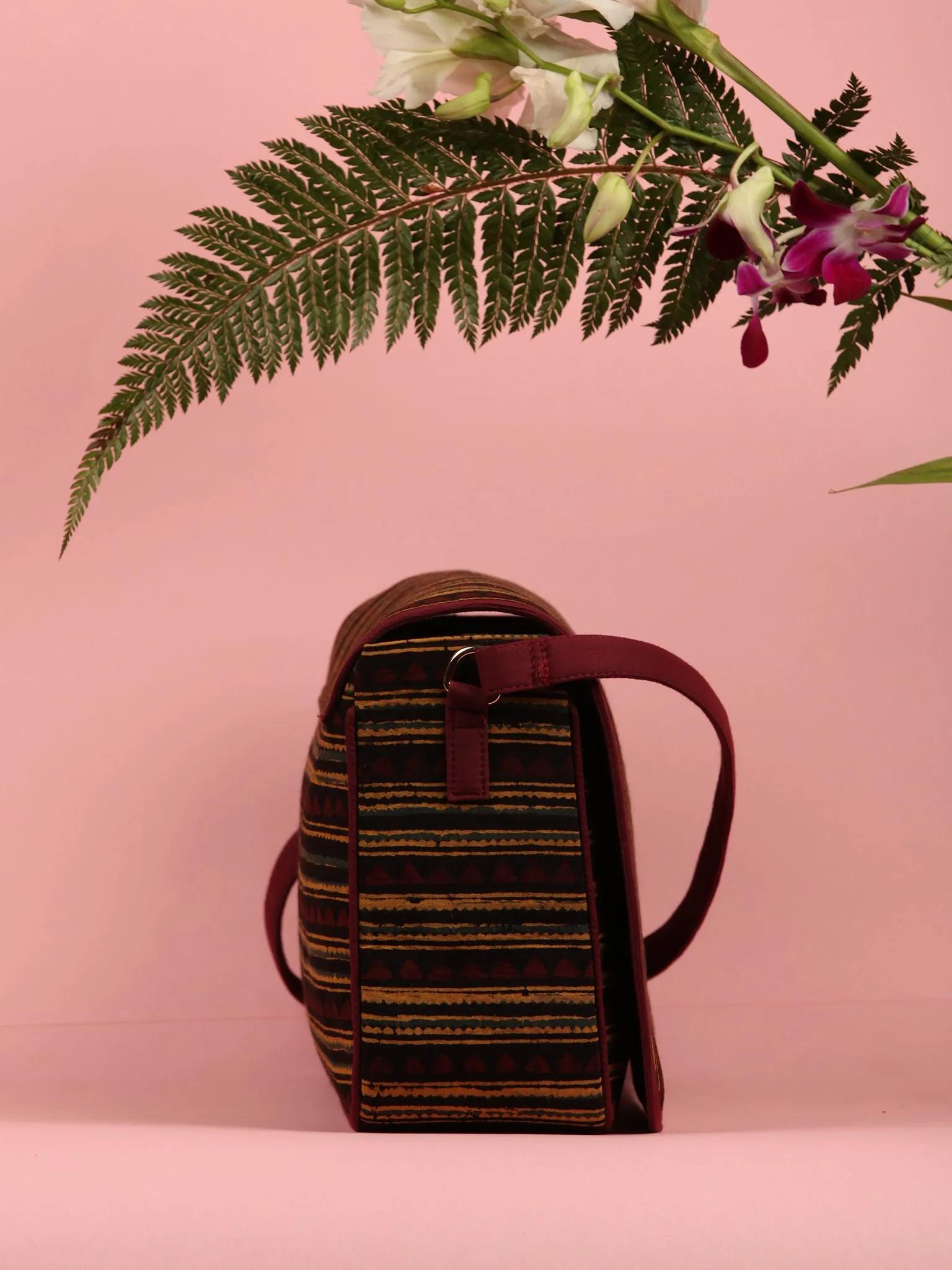 Maroon Mustard Ajrakh Hand Block Printed Sling Bag - B0105