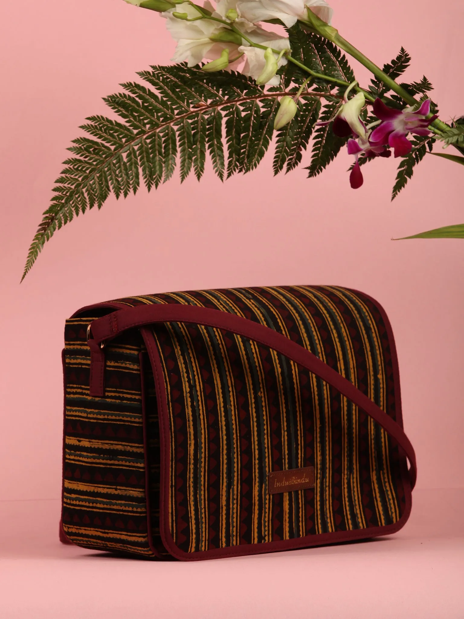 Maroon Mustard Ajrakh Hand Block Printed Sling Bag - B0105