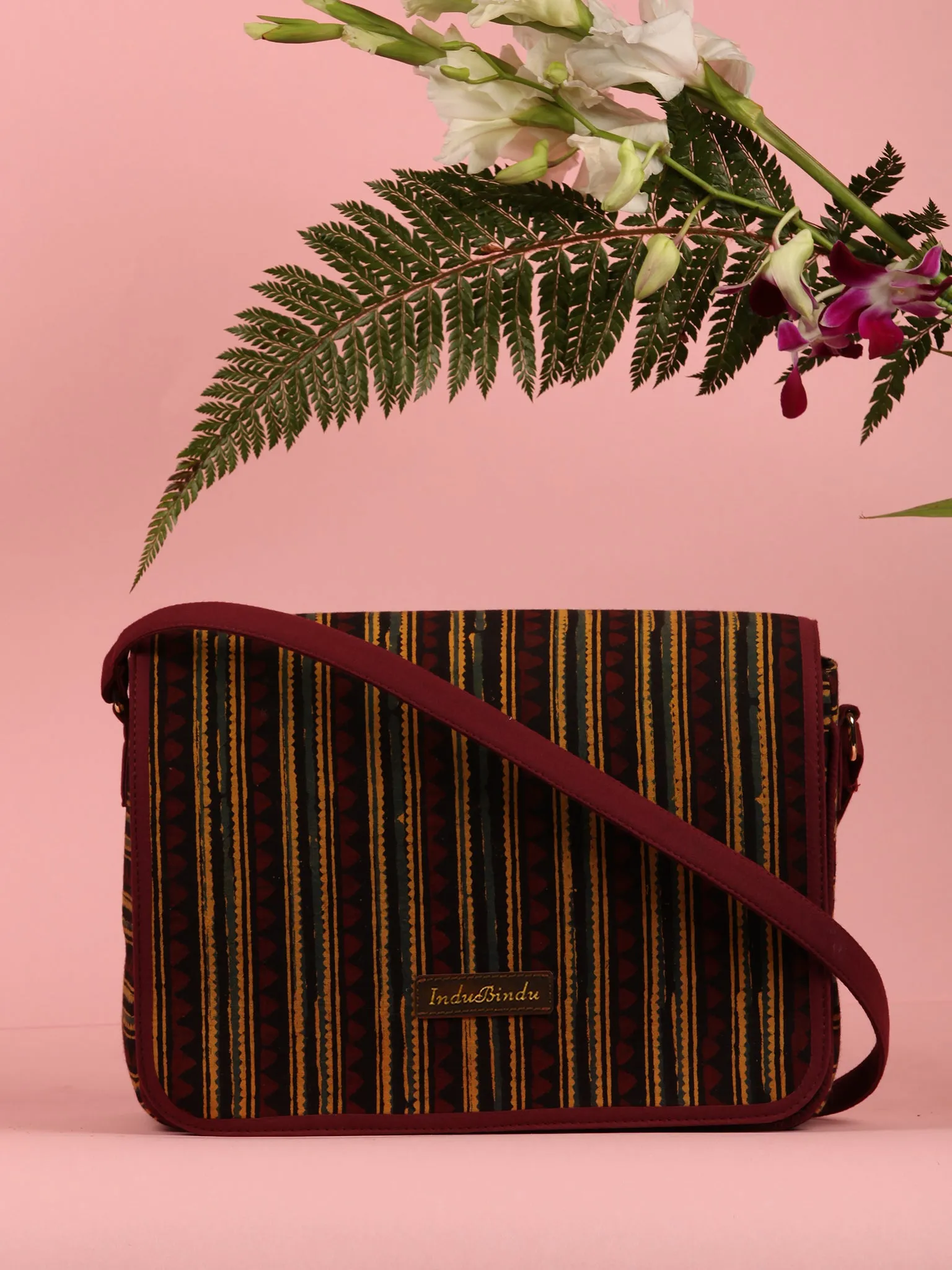 Maroon Mustard Ajrakh Hand Block Printed Sling Bag - B0105