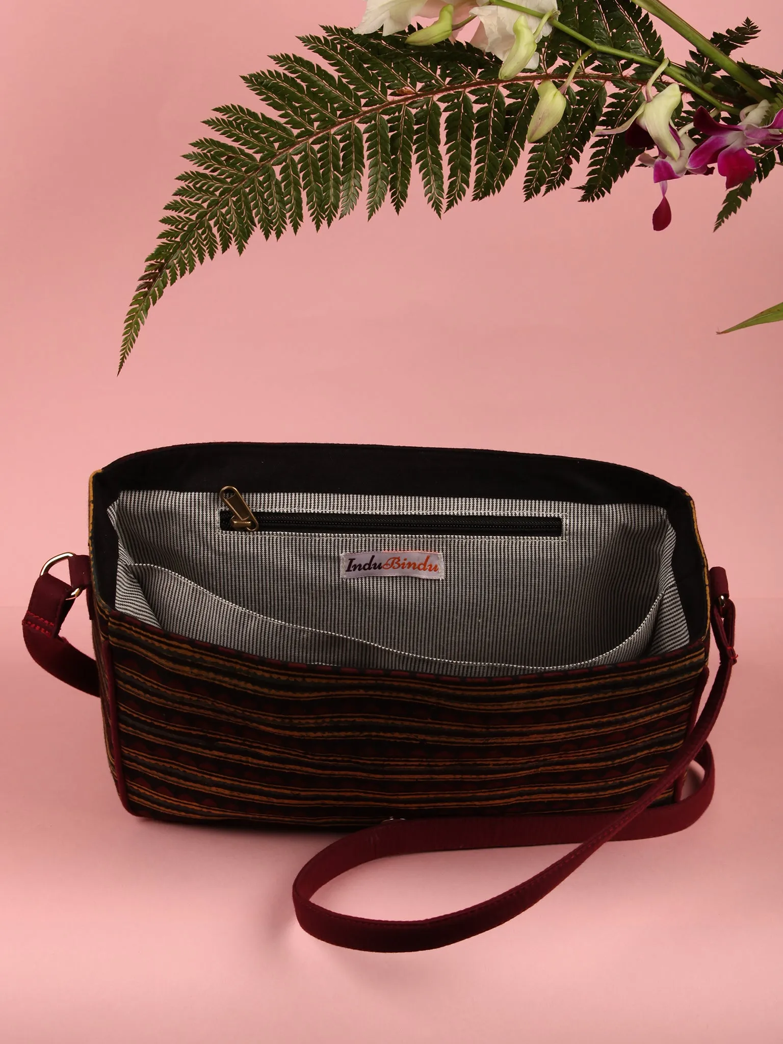 Maroon Mustard Ajrakh Hand Block Printed Sling Bag - B0105