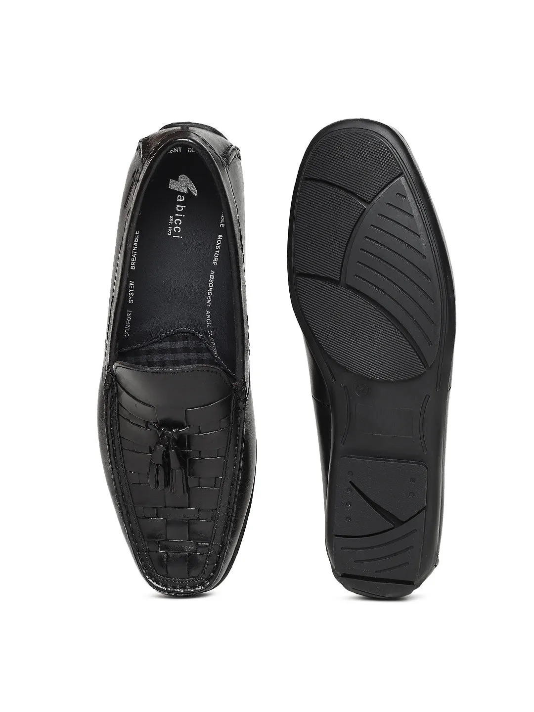 Men Black Basket Weave Textured Tassel Loafers