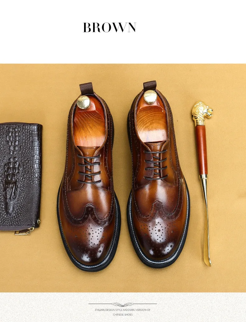Men Casual Leather Shoes Fashion Classic Brogues Luxury Genuine Leather Handmade Thick Heels Black Male Wedding Formal Shoes