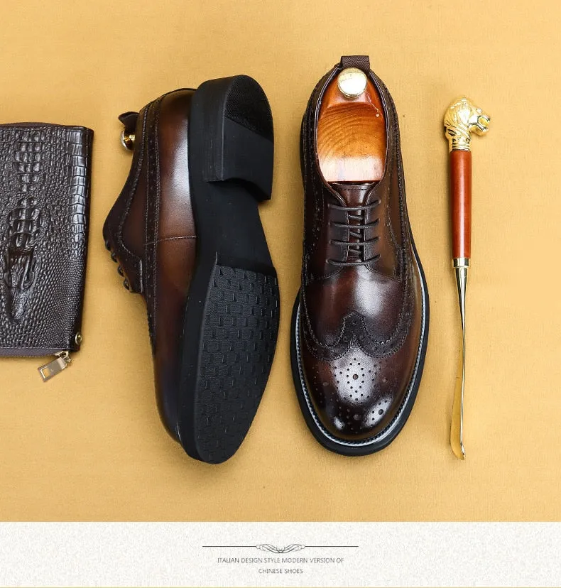 Men Casual Leather Shoes Fashion Classic Brogues Luxury Genuine Leather Handmade Thick Heels Black Male Wedding Formal Shoes