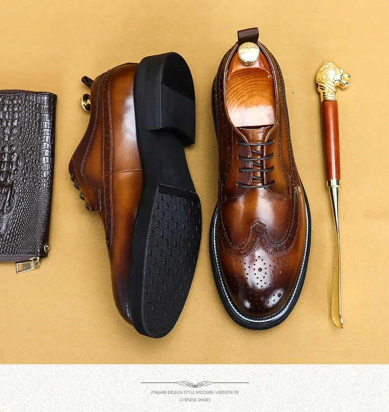 Men Casual Leather Shoes Fashion Classic Brogues Luxury Genuine Leather Handmade Thick Heels Black Male Wedding Formal Shoes