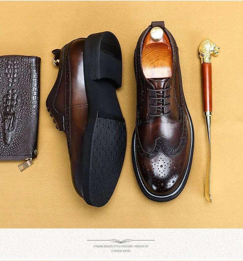 Men Casual Leather Shoes Fashion Classic Brogues Luxury Genuine Leather Handmade Thick Heels Black Male Wedding Formal Shoes